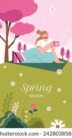 Spring Background. Spring season background. Cartoon Vector illustration design for Poster, Banner, Flyer, Greeting, Card, Cover, Post, Promotion. beautiful and colorful plants, leaves and flowers.