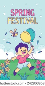 Frühlingshintergrund Hintergrund der Frühjahrssaison. Cartoon Vektor Illustration Design für Poster, Banner, Flyer, Gruß, Karte, Cover, Post, Promotion. schöne und bunte Pflanzen, Blätter und Blumen.