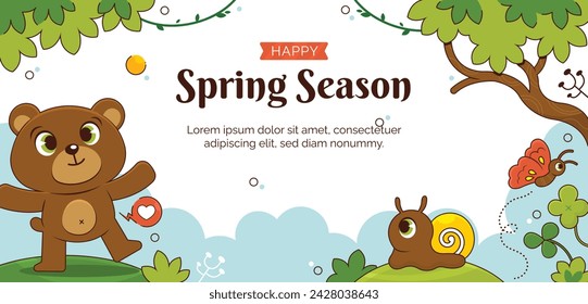 Fondo de primavera. Fondo de la temporada de primavera. Diseño de ilustración vectorial de dibujos animados para póster, pancarta, volante, saludo, tarjeta, cubierta, correo, promoción. hermosas y coloridas plantas, hojas y flores.