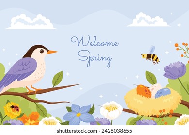 Fondo de primavera. Fondo de la temporada de primavera. Diseño de ilustración vectorial de dibujos animados para póster, pancarta, volante, saludo, tarjeta, cubierta, correo, promoción. hermosas y coloridas plantas, hojas y flores.