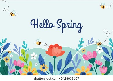 Fondo de primavera. Fondo de la temporada de primavera. Diseño de ilustración vectorial de dibujos animados para póster, pancarta, volante, saludo, tarjeta, cubierta, correo, promoción. hermosas y coloridas plantas, hojas y flores.