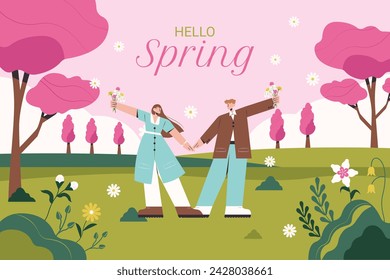 Frühlingshintergrund Hintergrund der Frühjahrssaison. Cartoon Vektor Illustration Design für Poster, Banner, Flyer, Gruß, Karte, Cover, Post, Promotion. schöne und bunte Pflanzen, Blätter und Blumen.
