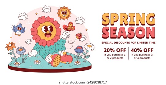 Spring Background. Spring season background. Cartoon Vector illustration design for Poster, Banner, Flyer, Greeting, Card, Cover, Post, Promotion. beautiful and colorful plants, leaves and flowers.