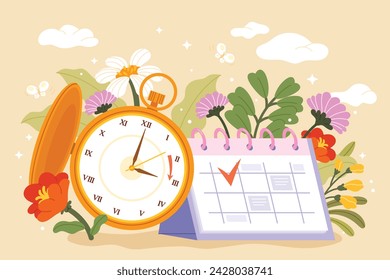 Fondo de primavera. Fondo de la temporada de primavera. Diseño de ilustración vectorial de dibujos animados para póster, pancarta, volante, saludo, tarjeta, cubierta, correo, promoción. hermosas y coloridas plantas, hojas y flores.