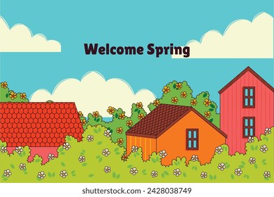 Spring Background. Spring season background. Cartoon Vector illustration design for Poster, Banner, Flyer, Greeting, Card, Cover, Post, Promotion. beautiful and colorful plants, leaves and flowers.