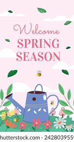 Fondo de primavera. Fondo de la temporada de primavera. Diseño de ilustración vectorial de dibujos animados para póster, pancarta, volante, saludo, tarjeta, cubierta, correo, promoción. hermosas y coloridas plantas, hojas y flores.
