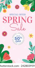 Spring Background. Spring season background. Cartoon Vector illustration design for Poster, Banner, Flyer, Greeting, Card, Cover, Post, Promotion. beautiful and colorful plants, leaves and flowers.