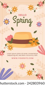 Fondo de primavera. Fondo de la temporada de primavera. Diseño de ilustración vectorial de dibujos animados para póster, pancarta, volante, saludo, tarjeta, cubierta, correo, promoción. hermosas y coloridas plantas, hojas y flores.