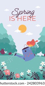 Fondo de primavera. Fondo de la temporada de primavera. Diseño de ilustración vectorial de dibujos animados para póster, pancarta, volante, saludo, tarjeta, cubierta, correo, promoción. hermosas y coloridas plantas, hojas y flores.