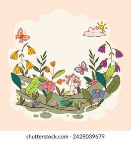 Fondo de primavera. Fondo de la temporada de primavera. Diseño de ilustración vectorial de dibujos animados para póster, pancarta, volante, saludo, tarjeta, cubierta, correo, promoción. hermosas y coloridas plantas, hojas y flores.