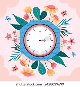 Fondo de primavera. Fondo de la temporada de primavera. Diseño de ilustración vectorial de dibujos animados para póster, pancarta, volante, saludo, tarjeta, cubierta, correo, promoción. hermosas y coloridas plantas, hojas y flores.