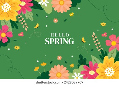 Spring Background. Spring season background. Cartoon Vector illustration design for Poster, Banner, Flyer, Greeting, Card, Cover, Post, Promotion. beautiful and colorful plants, leaves and flowers.