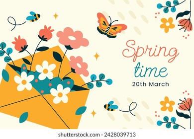 Spring Background. Spring season background. Cartoon Vector illustration design for Poster, Banner, Flyer, Greeting, Card, Cover, Post, Promotion. beautiful and colorful plants, leaves and flowers.