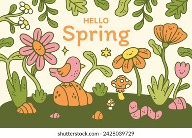 Fondo de primavera. Fondo de la temporada de primavera. Diseño de ilustración vectorial de dibujos animados para póster, pancarta, volante, saludo, tarjeta, cubierta, correo, promoción. hermosas y coloridas plantas, hojas y flores.