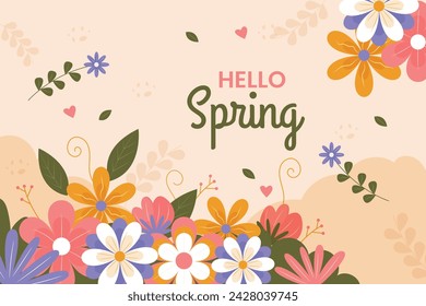 Spring Background. Spring season background. Cartoon Vector illustration design for Poster, Banner, Flyer, Greeting, Card, Cover, Post, Promotion. beautiful and colorful plants, leaves and flowers.