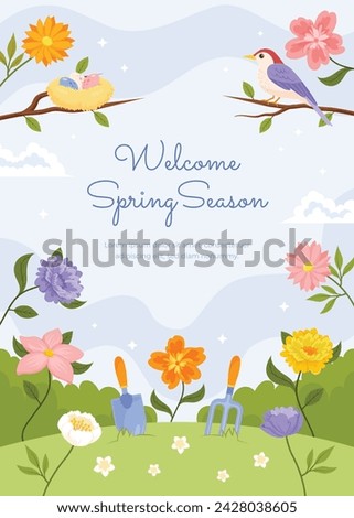 Spring Background. Spring season background. Cartoon Vector illustration design for Poster, Banner, Flyer, Greeting, Card, Cover, Post, Promotion. beautiful and colorful plants, leaves and flowers.