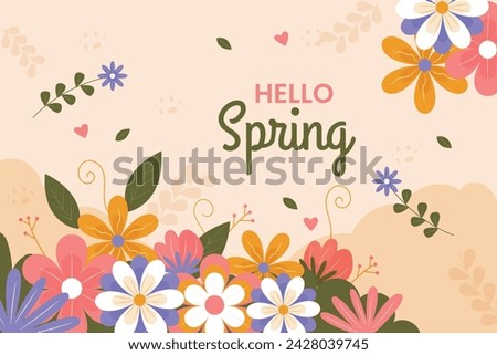 Spring Background. Spring season background. Cartoon Vector illustration design for Poster, Banner, Flyer, Greeting, Card, Cover, Post, Promotion. beautiful and colorful plants, leaves and flowers.