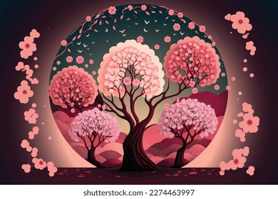 Frühlingshintergrund mit Satz schöner Sakura-Bäume, Vektorgrafik