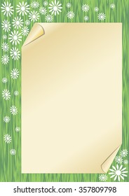 Spring background with a sheet old paper with rolled corners on green area like spring grass with small white flowers. Blank vector background with empty area for own text.