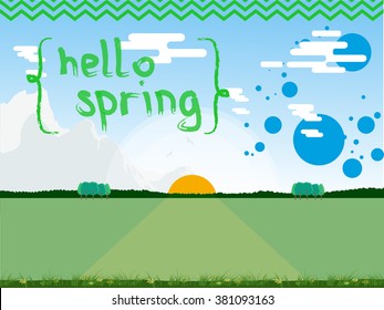 Spring background for the site.Background for the site with the dawn sun.Hello spring. Vector illustration image meadows,mountains and the sun on the horizon.The sun on the horizon. Horizon and sky.