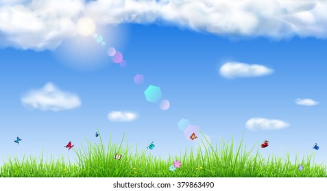 Spring background with sky, sun, clouds, grass, flowers and butterflies