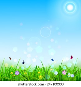 Spring background with sky, sun, grass, flowers and butterflies