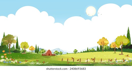 Fondo primaveral con cielo, nube, campo de hierba, flor en las colinas y árbol forestal en las aldeas, paisaje vectorial de verano naturaleza rural pacífica en el parque,Panoramic Banner for Easter