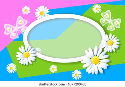 Spring background with sliced paper and decorative frame with daisies and butterflies