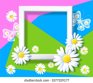 Spring background with sliced paper and decorative frame with daisies and butterflies