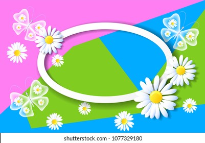 Spring background with sliced paper and decorative frame with daisies and butterflies