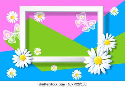 Spring background with sliced paper and decorative frame with daisies and butterflies