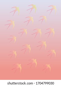 Fondo primaveral con pequeñas golondrinas amarillas y un cielo rosa degradado.  