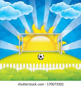 Spring background  with soccer goal and ball.Vector