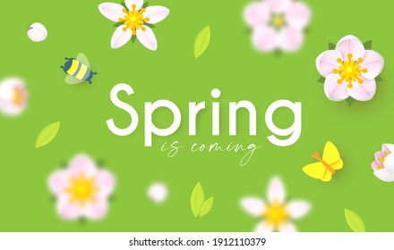 Spring background with soft flowers, bees and butterflies. Spring is coming design with apple and cherry blossom branch.