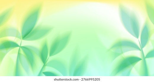 Spring background with soft gradient blur, silhouettes of bright green leaves. Vector seasonal backdrop with natural light and gentle floral pattern in warm colors, sunny summer border or banner