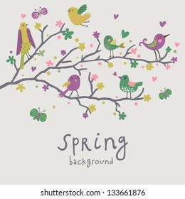 Spring background. Stylish illustration in vector. Cute birds on branches. Light romantic card. Can be used for wedding invitation.