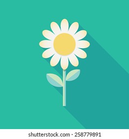 Spring background template. White flower cartoon drawing. Icon with long shadow. Eps10 vector illustration.