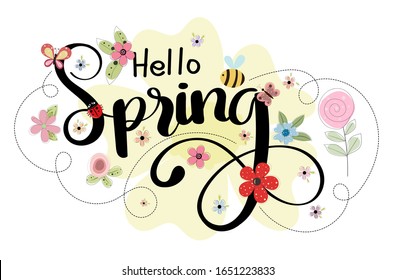 Spring Background with text handwriting. Hello spring. Hello SPRING! greeting card with flowers, butterflies and leaves vector. Hello Spring illustration.