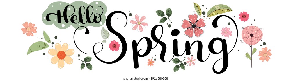 Spring Background with text handwriting. Hello spring. Hello SPRING! greeting card with flowers,  and leaves vector. Hello Spring illustration.