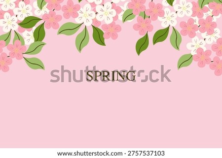 Spring background for text. Horizontal banner with cherry blossom and green leaves. Flat vector illustration.Pink floral frame with flowers. Springtime greeting card template. Botanical border