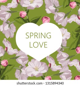 Spring background. Spring time. Spring flowers and leaves. Heart frame. Card template. You can place your text in the center on white background.