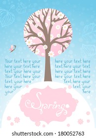 Spring background. Tree in bloom on blue background. There is place for your text.