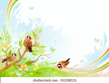 Spring background. Tree branch cherry blossom, goldfinch bird. Watercolor flower, grass, leaf, grunge floral pattern. Isolated flat season vector illustration. Happy springtime nature Easter greetings