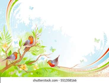 Spring background. Tree branch cherry blossom, robin bird. Watercolor flower, grass, leaf, grunge floral pattern. Isolated flat season vector illustration. Happy springtime nature Easter greeting card