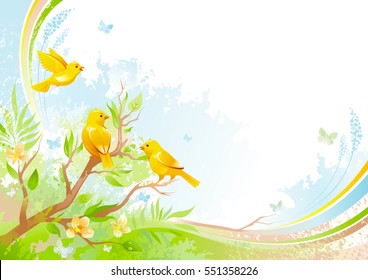 Spring background. Tree branch cherry blossom, canary bird. Watercolor flower, leaf, grunge floral pattern. Isolated flat season vector illustration. Happy springtime nature Easter greeting card