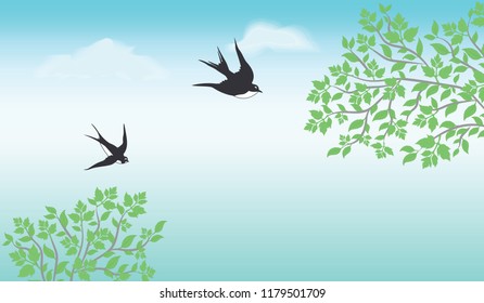 Spring background - tree branches, sky, clouds, swallows - vector art illustration