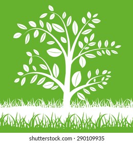 Spring background  with tree and grass silhouettes