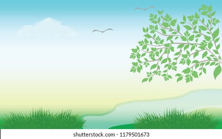 Spring background - tree, river, sky, grass - vector art illustration