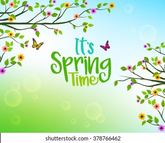 Spring  Background of Trees and Colorful Flowers and Growing Leaves in a Horizon for Springtime Nature Related Designs. Vector Illustration
