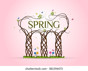 Spring background with trees and leaves, flowers and butterflies